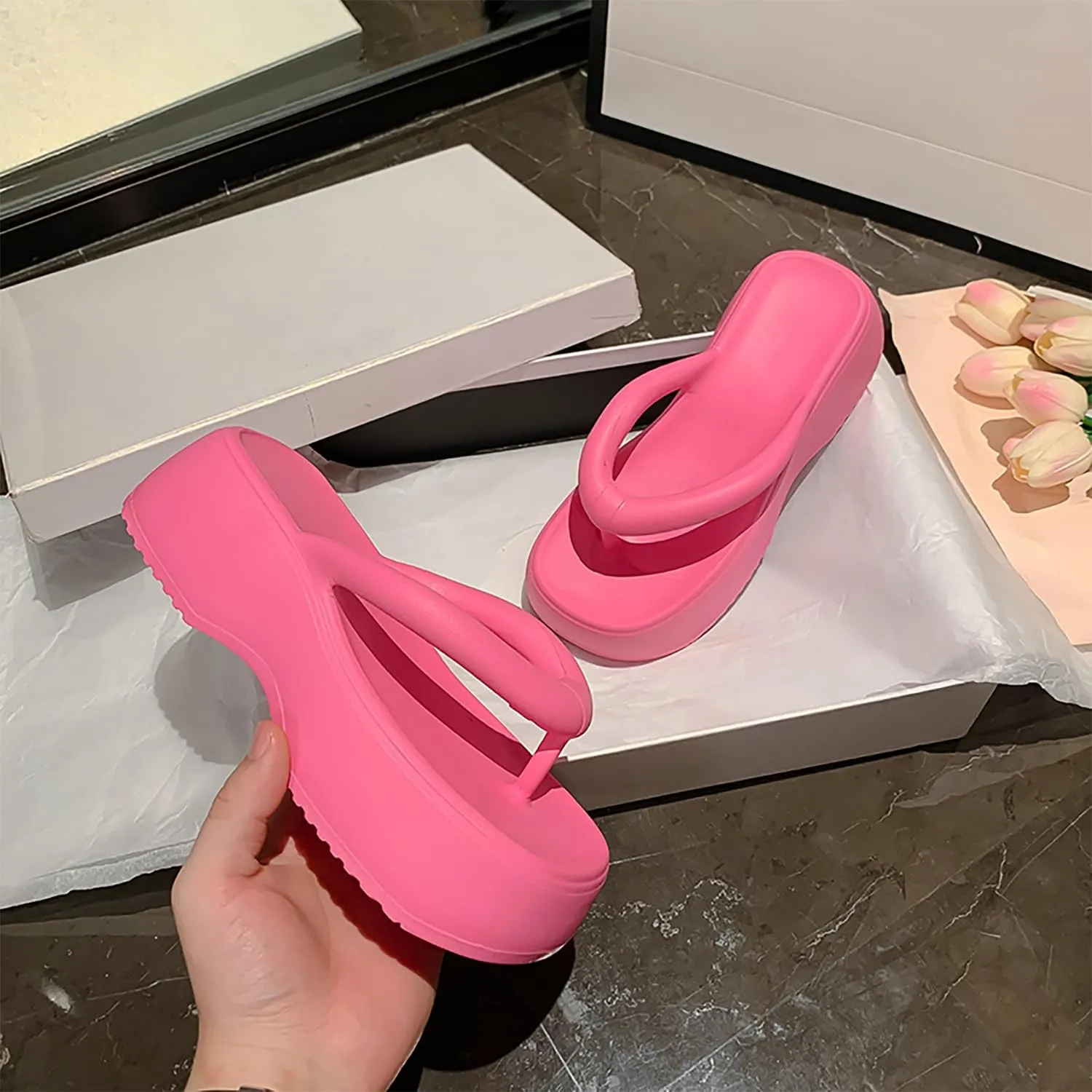 Women's Platform Flip Flops, Casual Wedges Sandals With Arch Support, Summer Chunky Heeled Slides, Beach Thong Slippers
