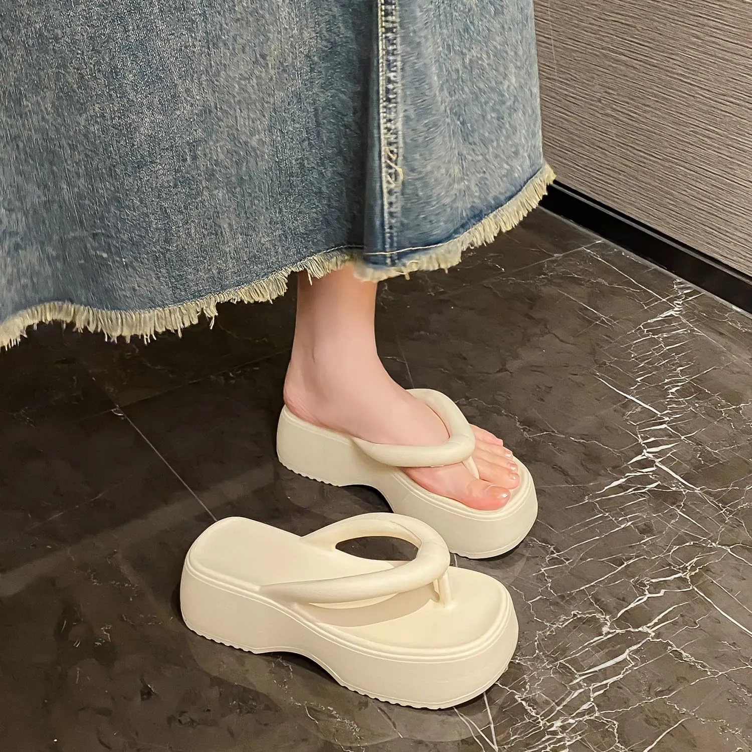 Women's Platform Flip Flops, Casual Wedges Sandals With Arch Support, Summer Chunky Heeled Slides, Beach Thong Slippers