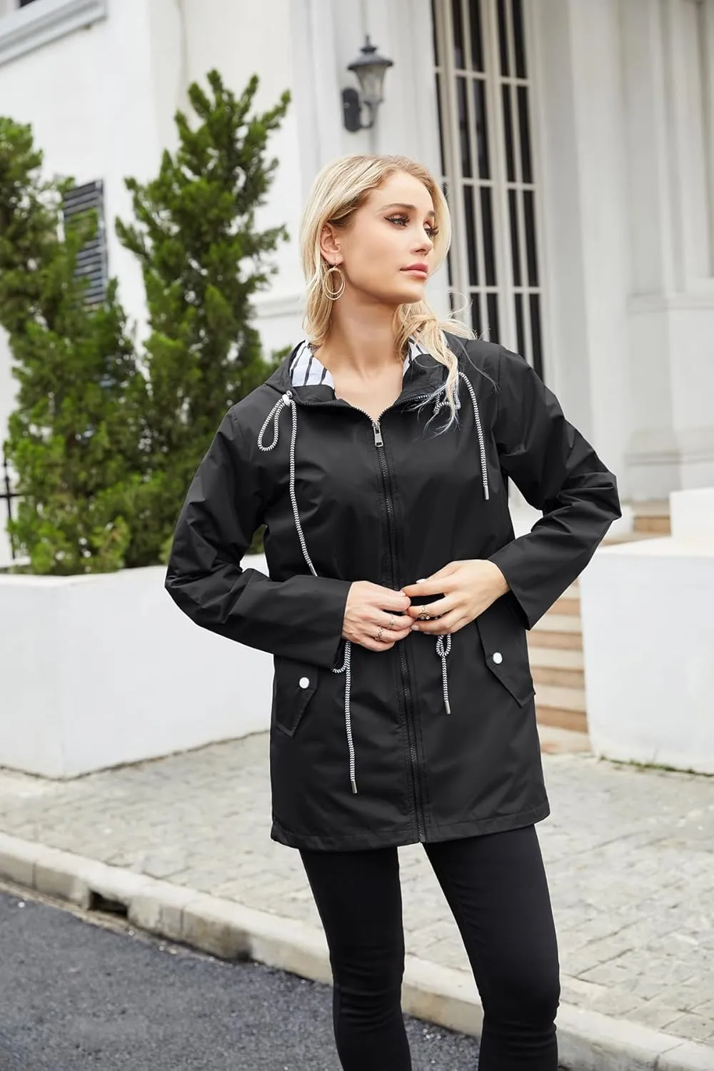 Womens Raincoat Waterproof Hooded Trench Coats Lined Windbreaker Active Travel Jacket with Pockets for Outdoor