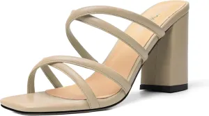 Womens Slip On Matte Open Toe Evening Dress Block High Heel Heeled Sandals 3.3 Inch