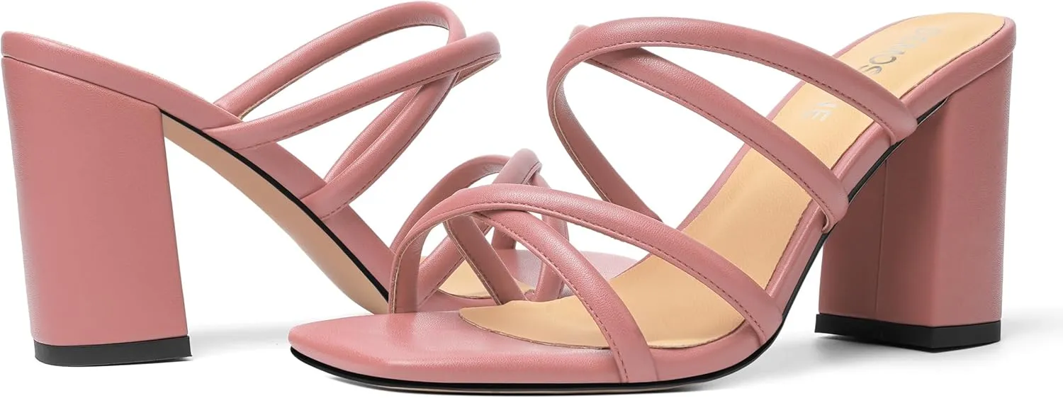 Womens Slip On Matte Open Toe Evening Dress Block High Heel Heeled Sandals 3.3 Inch