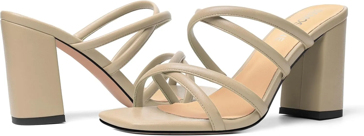 Womens Slip On Matte Open Toe Evening Dress Block High Heel Heeled Sandals 3.3 Inch