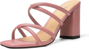 Womens Slip On Matte Open Toe Evening Dress Block High Heel Heeled Sandals 3.3 Inch