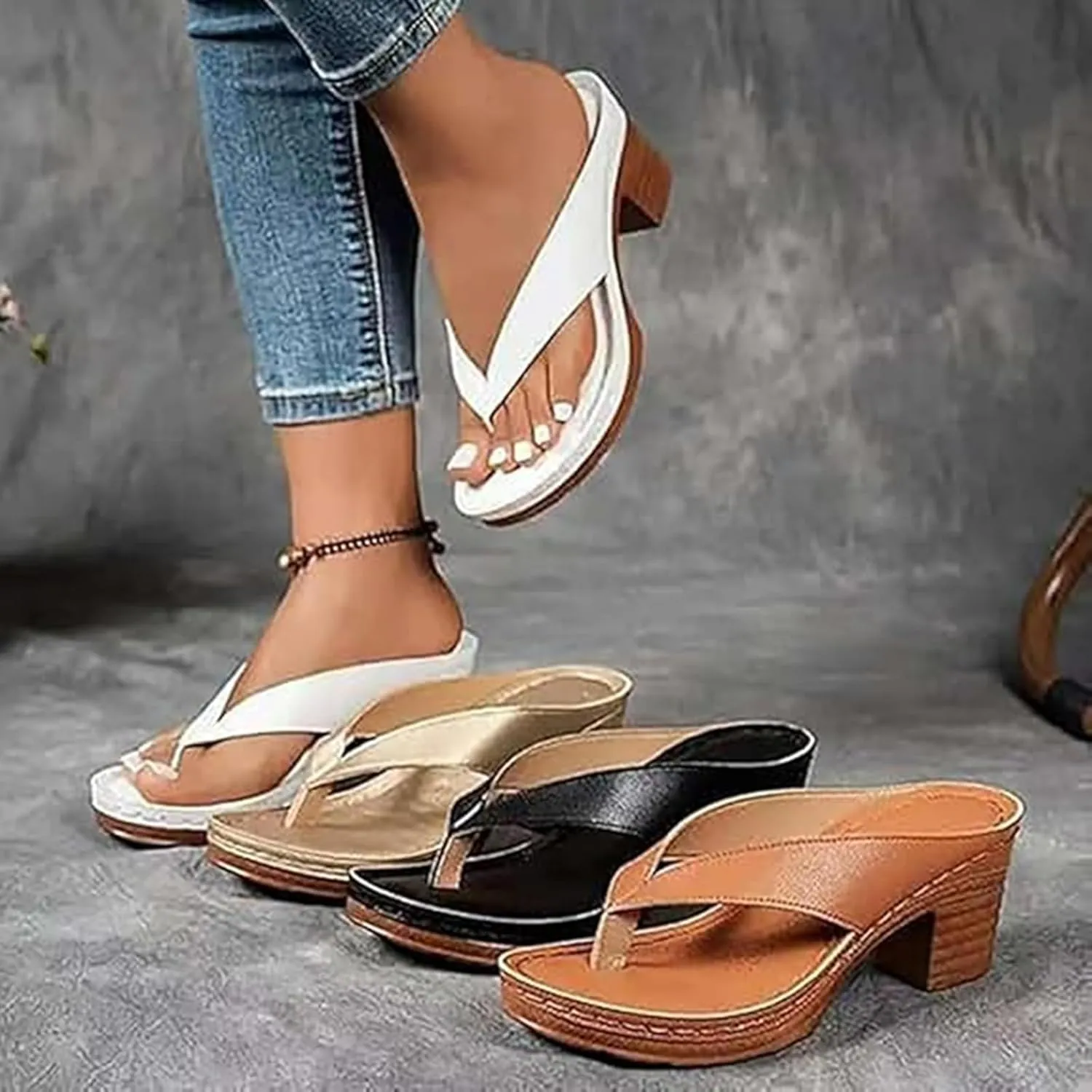 Women's Solid Color Summer Chunky Heel Sandals, Flip Flop Heels, Slip on Open Toe Square Toe Heeled Sandals