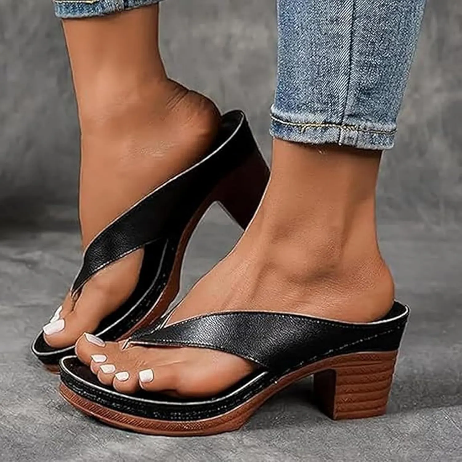 Women's Solid Color Summer Chunky Heel Sandals, Flip Flop Heels, Slip on Open Toe Square Toe Heeled Sandals