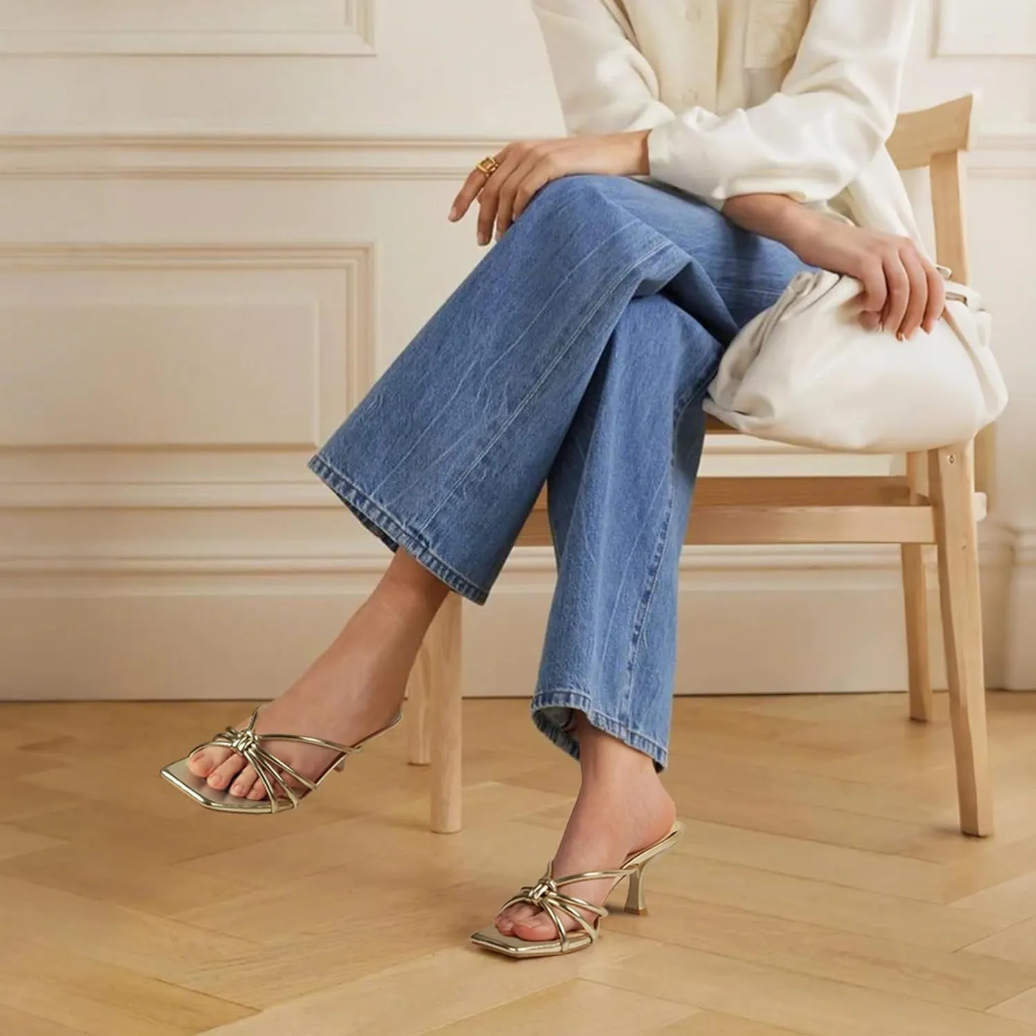 Women's Strappy Square Open Toe Kitten Heels Sandals Knotted Design Summer Fashion Slip On Mule Style