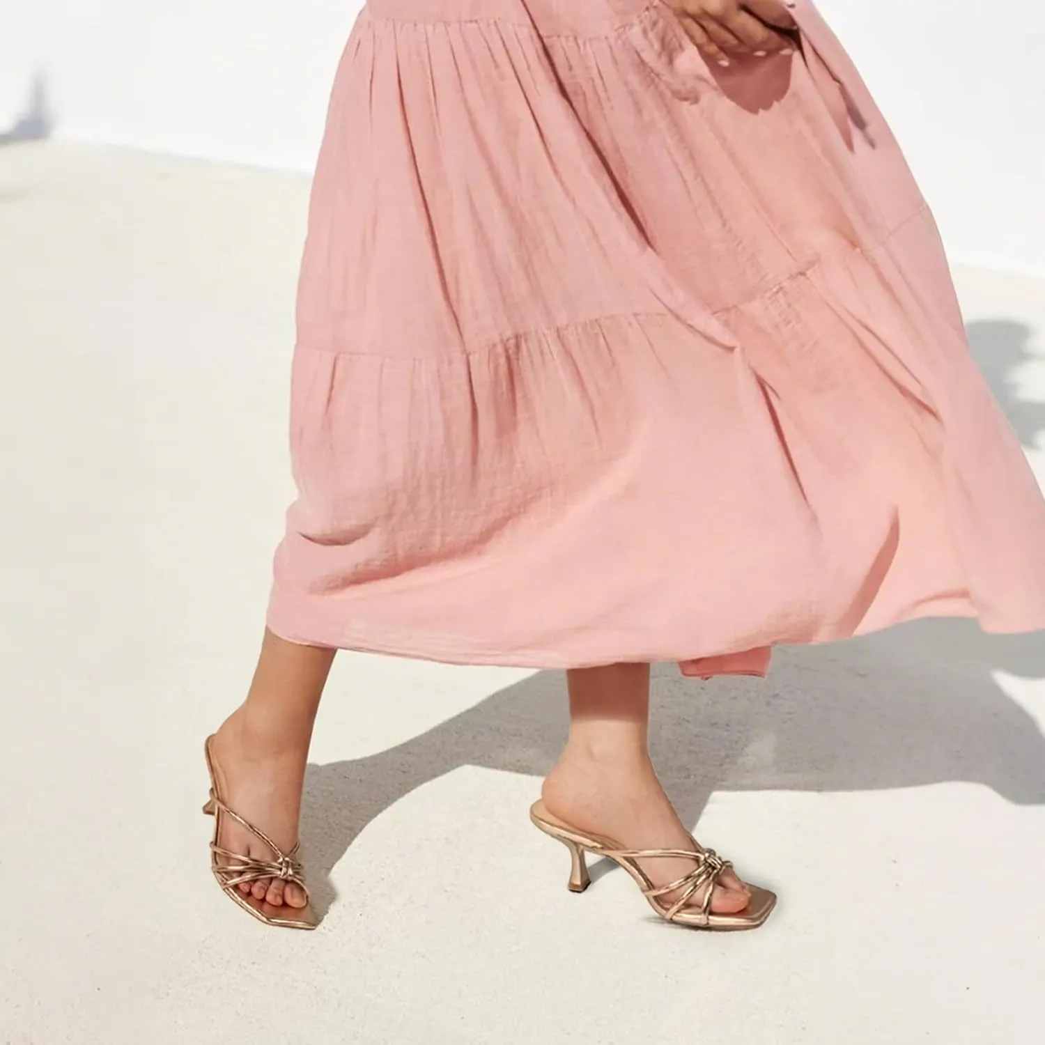 Women's Strappy Square Open Toe Kitten Heels Sandals Knotted Design Summer Fashion Slip On Mule Style