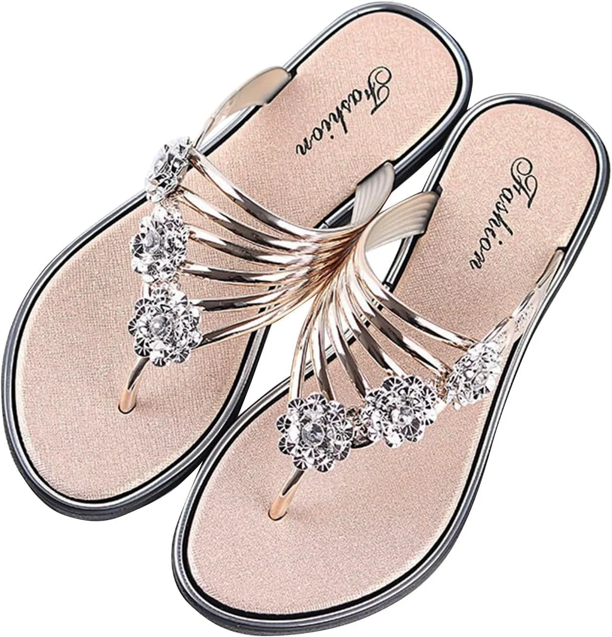 Women's Summer Sandals Rhinestone Flower Embellished Flip Flops Flat Bottom Lightweight Casual Herringbone Slippers