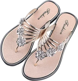 Women's Summer Sandals Rhinestone Flower Embellished Flip Flops Flat Bottom Lightweight Casual Herringbone Slippers
