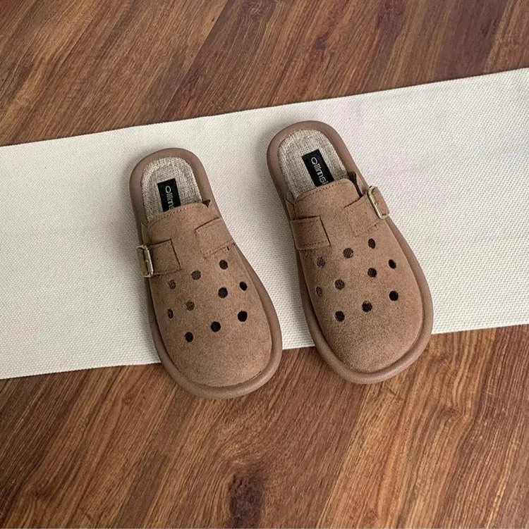 Women's Summer Wide Round Toe Hollowed Out Upper Flat Mule Shoes