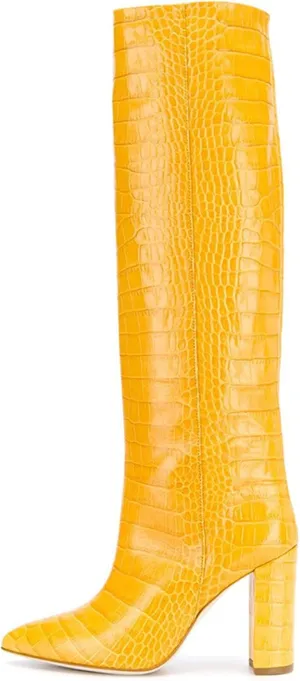 Womens Thigh High Boots Fashion Purple Crocodile Pattern Leather Slip On Chunky Heeled Booties Winter Wearing Booties Sexy Stripper Club Party Prom Pumps