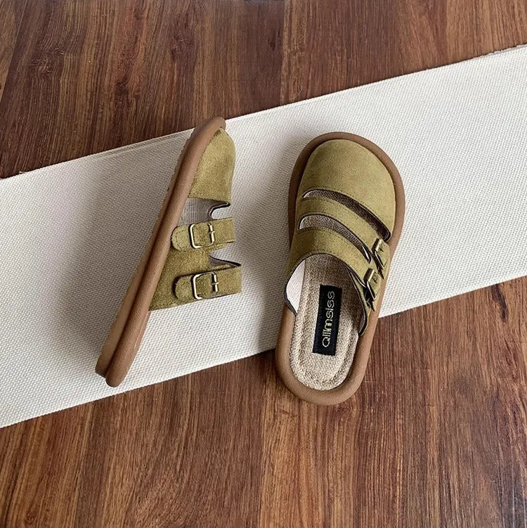Women's Wide Round Toe Breathable Buckle With Decorative Mule Shoes