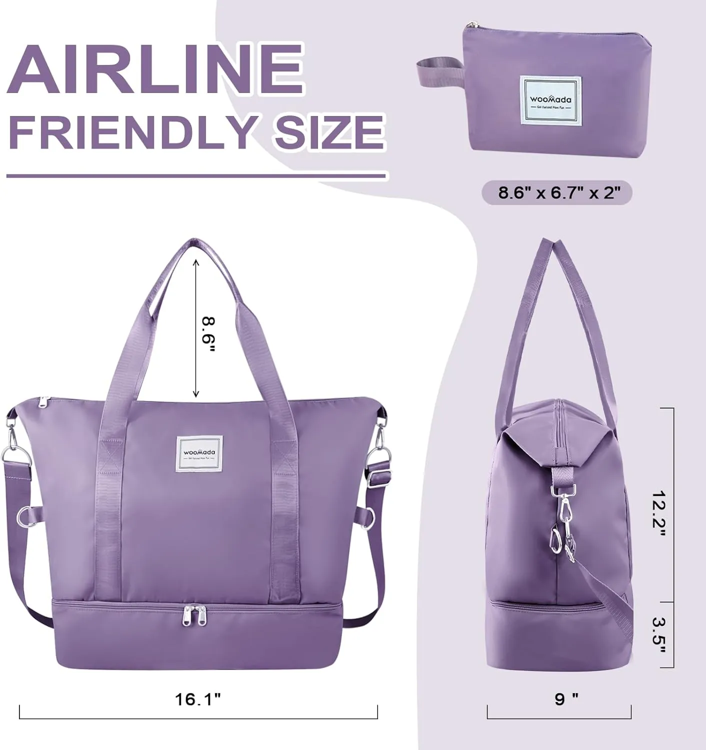 WOOMADA Weekender Bag for Women Travel, Overnight Bag with Shoe Compartment,Personal Item Travel Bag with Toiletry Bag(grayish purple)