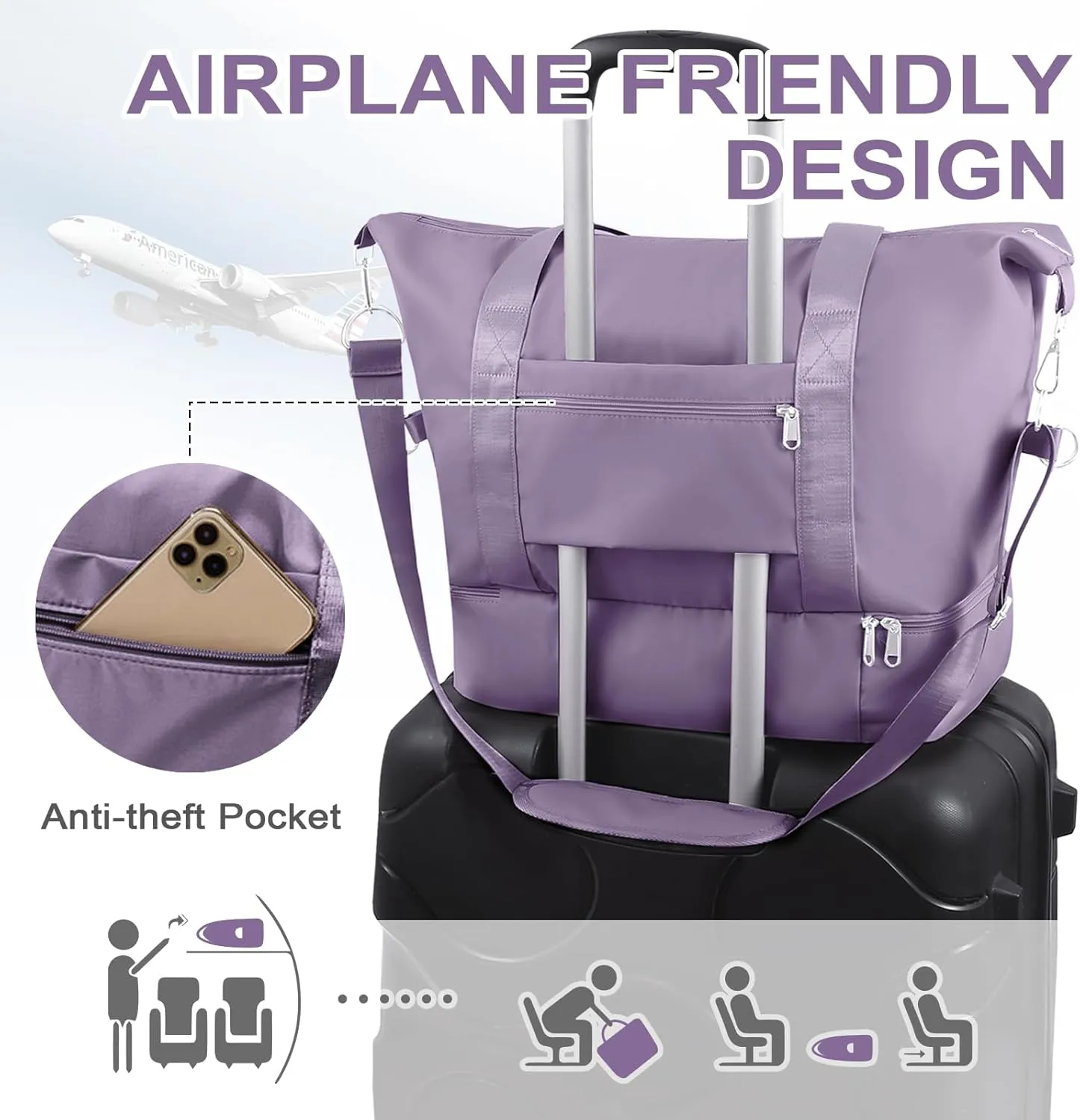 WOOMADA Weekender Bag for Women Travel, Overnight Bag with Shoe Compartment,Personal Item Travel Bag with Toiletry Bag(grayish purple)