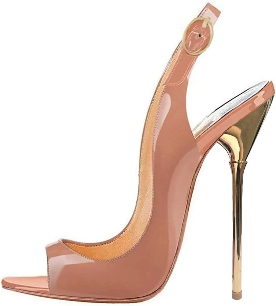 XYD Women Classic Peep Open Toe Pumps Slingback Metal Stiletto Heels 12CM Slip On Event Party Pumps Shoes