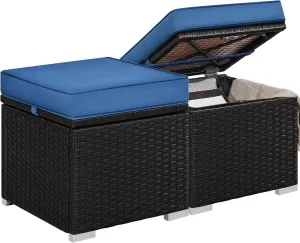 Yaheetech Wicker Ottomans, Set of 2 Patio PE Rattan Side Tables with Hidden Storage & Removable Cushion, Outdoor/Indoor Footstools, Additional Seating for Garden/Balcony/Yard, Brown/Dark Blue
