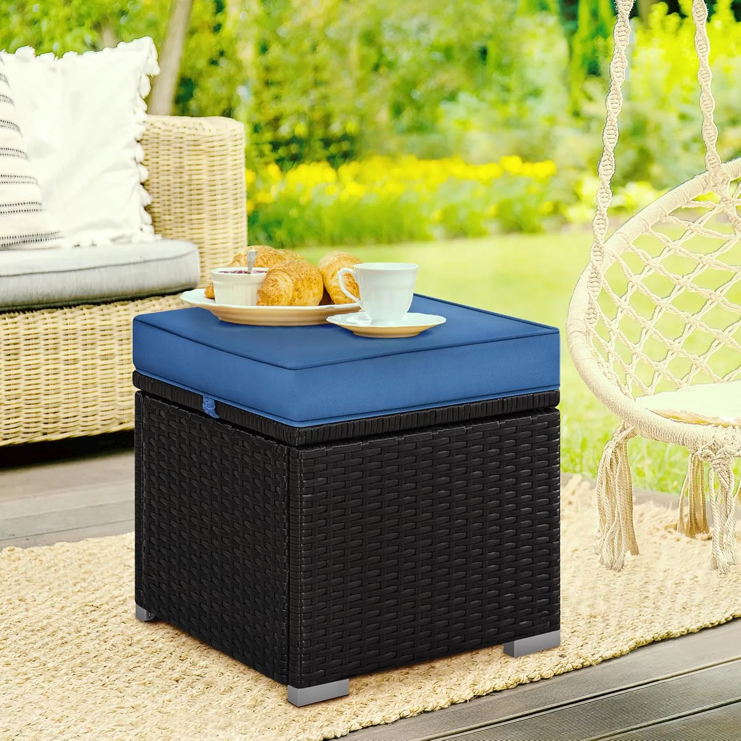 Yaheetech Wicker Ottomans, Set of 2 Patio PE Rattan Side Tables with Hidden Storage & Removable Cushion, Outdoor/Indoor Footstools, Additional Seating for Garden/Balcony/Yard, Brown/Dark Blue