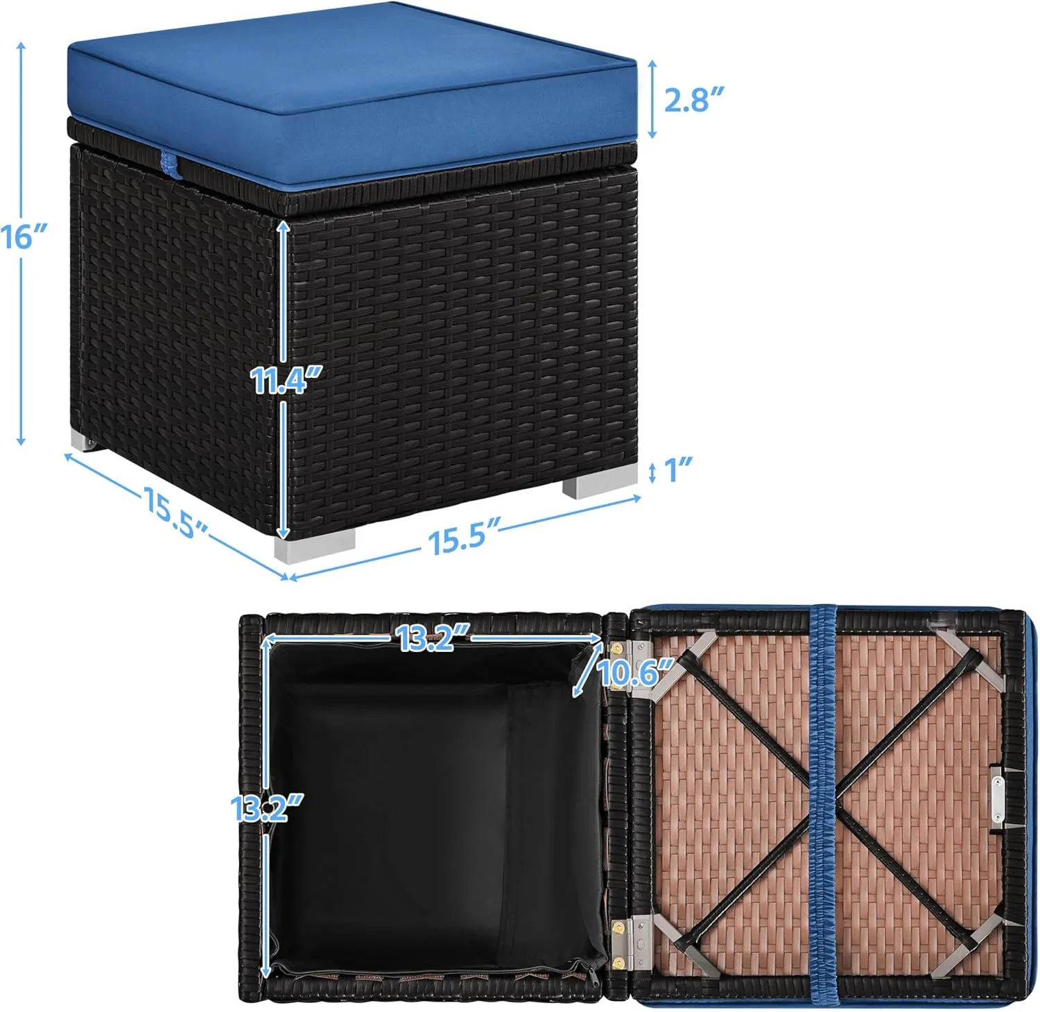 Yaheetech Wicker Ottomans, Set of 2 Patio PE Rattan Side Tables with Hidden Storage & Removable Cushion, Outdoor/Indoor Footstools, Additional Seating for Garden/Balcony/Yard, Brown/Dark Blue