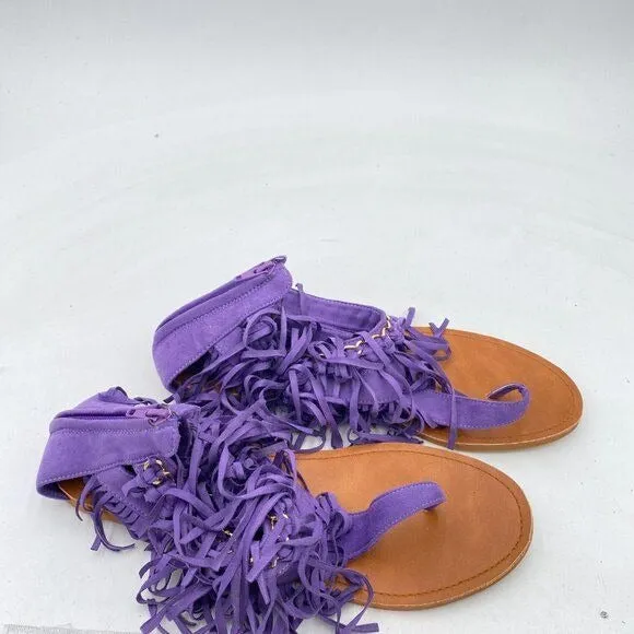 YDN Light Purple Flip Flop Sandals Metal Chain Thong Flats Women Suede Tassels