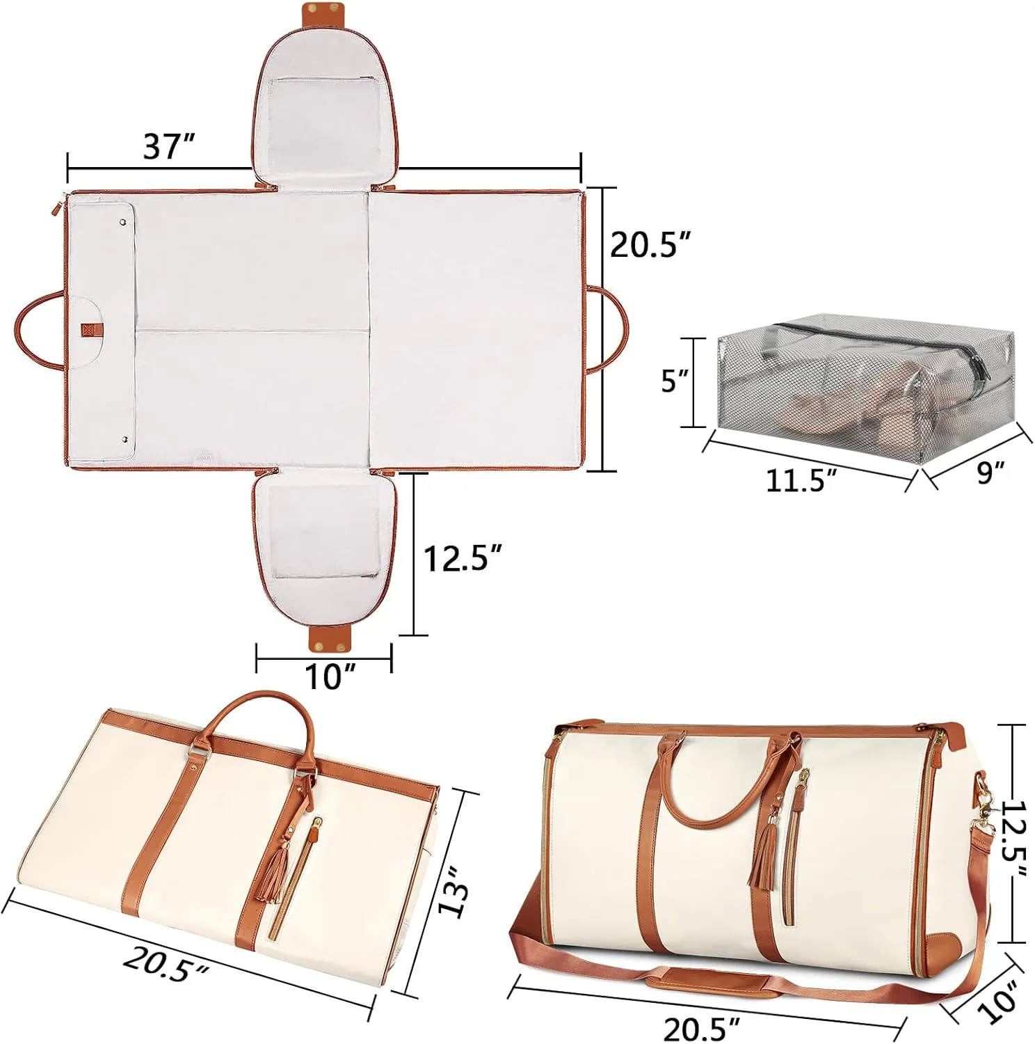 Ytonet Garment Bags for Travel, Convertible Carry on Garment Bag Large Duffle Bags for Women, 2 in 1 Hanging Suitcase Suit Water Resistant Duffel Travel Bags with Shoe Pouch, Beige