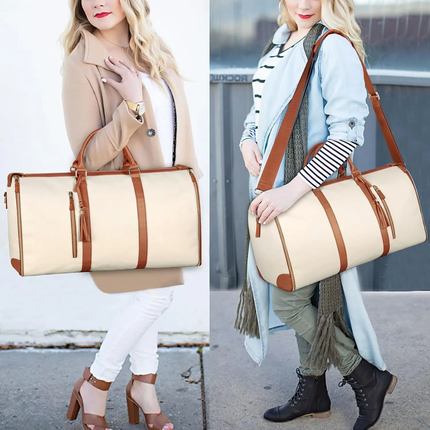Ytonet Garment Bags for Travel, Convertible Carry on Garment Bag Large Duffle Bags for Women, 2 in 1 Hanging Suitcase Suit Water Resistant Duffel Travel Bags with Shoe Pouch, Beige