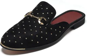 YYQL Mens Slippers with Arch Support Embroidered Leather Sandals for Men Slip On House Shoes with Indoor Outdoor Anti-Skid Rubber Sole Size 7-13