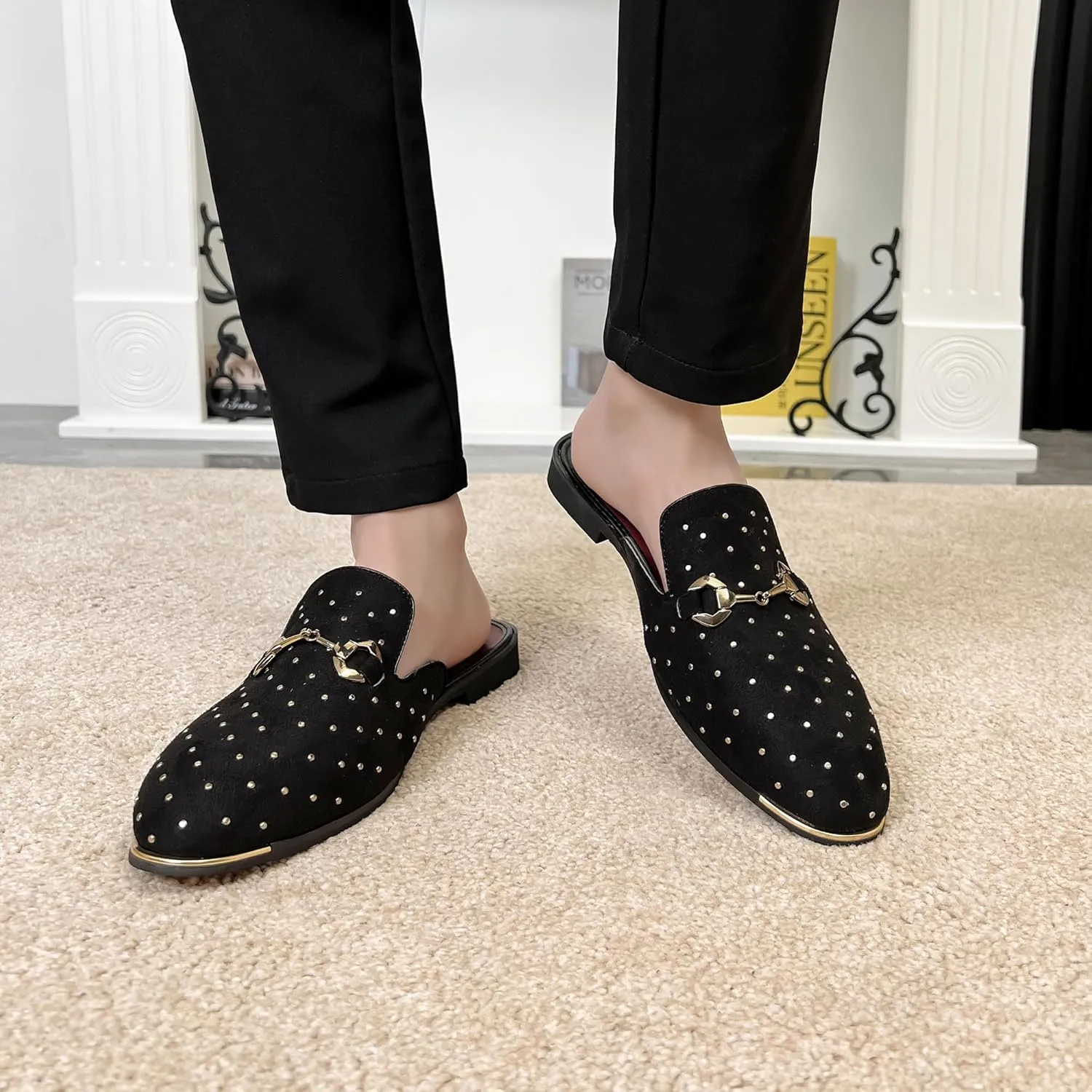 YYQL Mens Slippers with Arch Support Embroidered Leather Sandals for Men Slip On House Shoes with Indoor Outdoor Anti-Skid Rubber Sole Size 7-13
