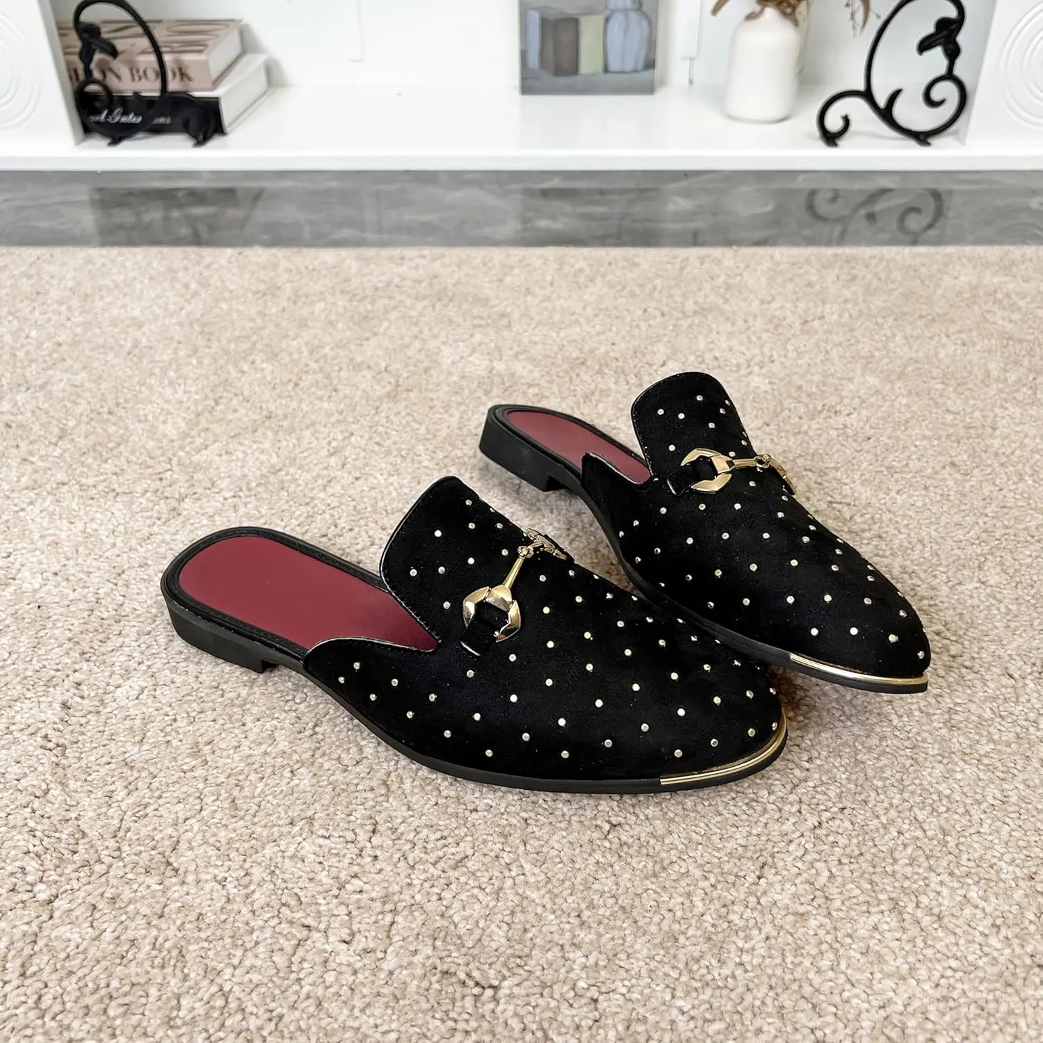 YYQL Mens Slippers with Arch Support Embroidered Leather Sandals for Men Slip On House Shoes with Indoor Outdoor Anti-Skid Rubber Sole Size 7-13