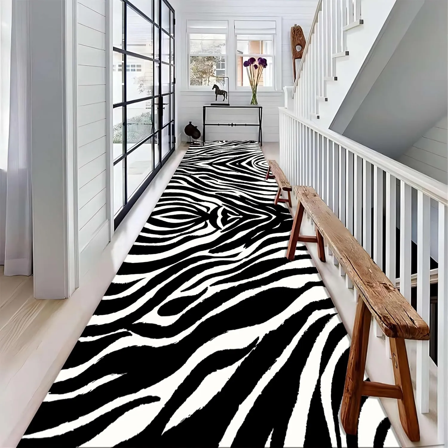 Zebra Print Long Runner Rug 2x6ft Black and White Wild Animals Zebra Skin Texure Wildlife Entrance Carpet Non-Slip Floor Low Pile Carpet for Bedroom Indoor Doormat Entrance Washable Kitchen Mat