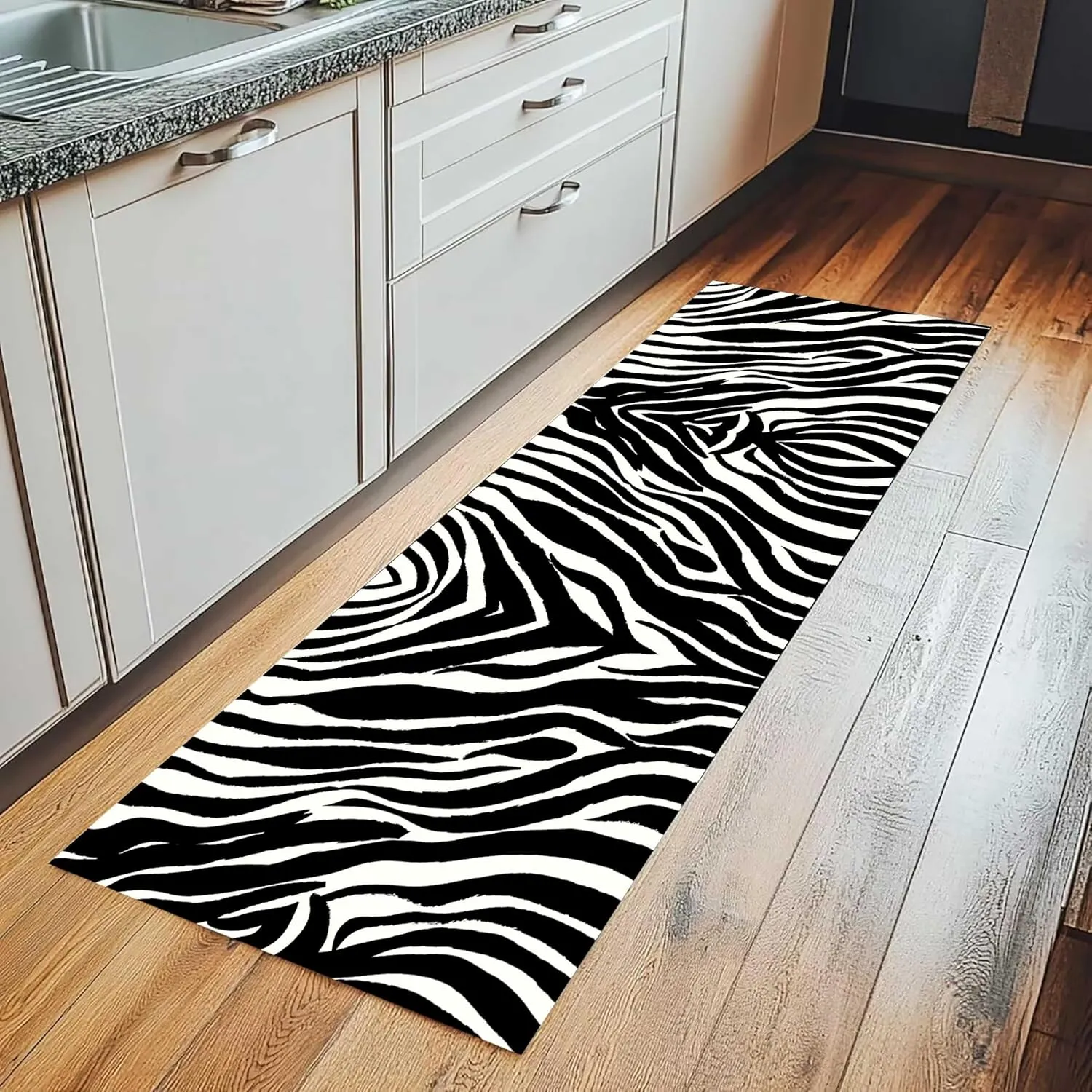 Zebra Print Long Runner Rug 2x6ft Black and White Wild Animals Zebra Skin Texure Wildlife Entrance Carpet Non-Slip Floor Low Pile Carpet for Bedroom Indoor Doormat Entrance Washable Kitchen Mat