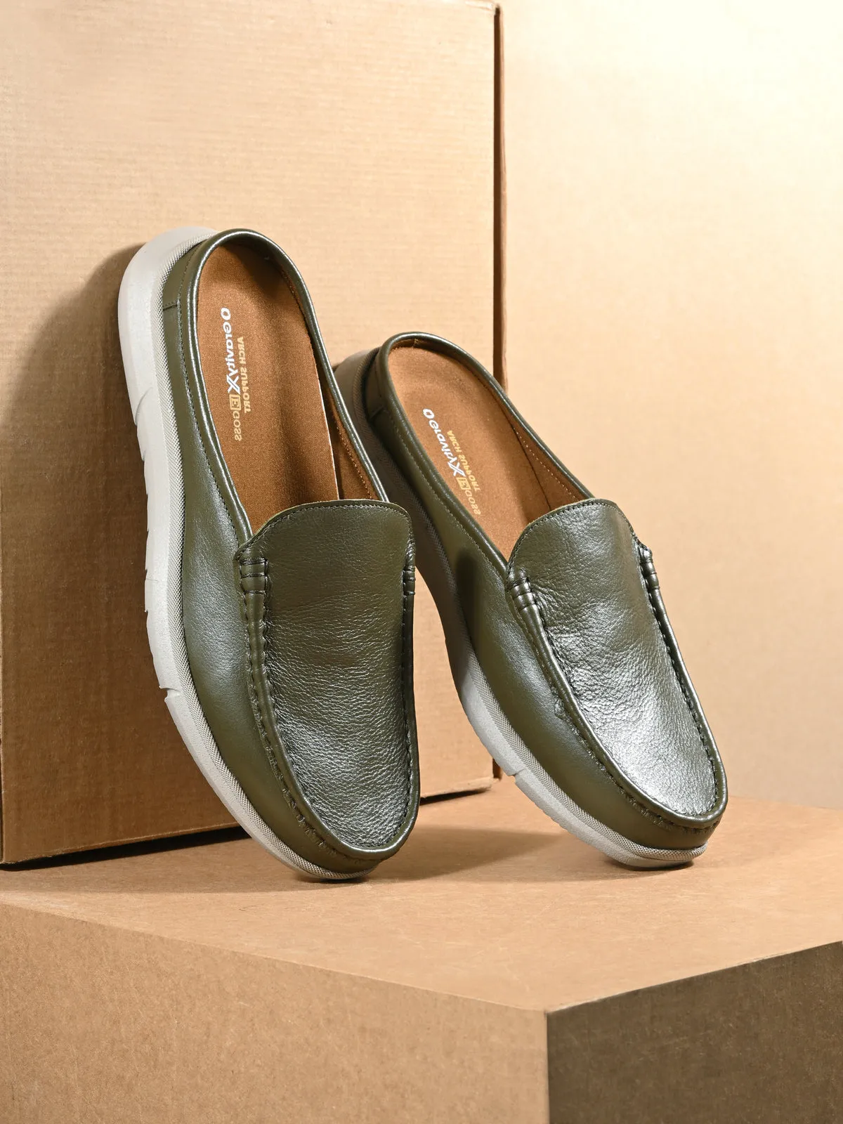Zero Gravity Olive Leather Slip-On Mules