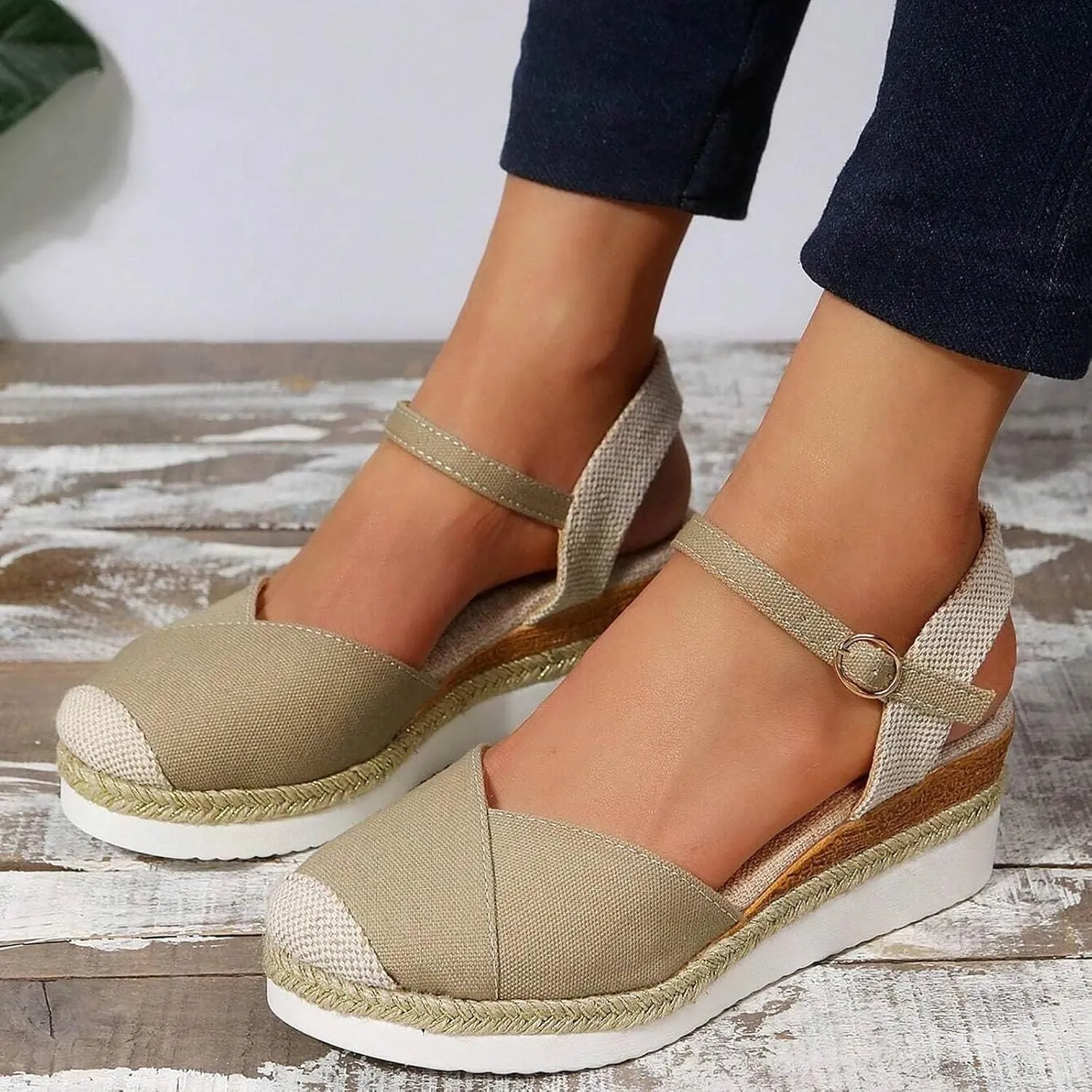 ZWRXW Orthopedic Platform Wedge Sandals for Women Arch Support Closed Toe Platform Sandals Dressy Summer Buckle Ankle Strap Espadrilles Wedge Sandals Comfortable Outdoor Shoes