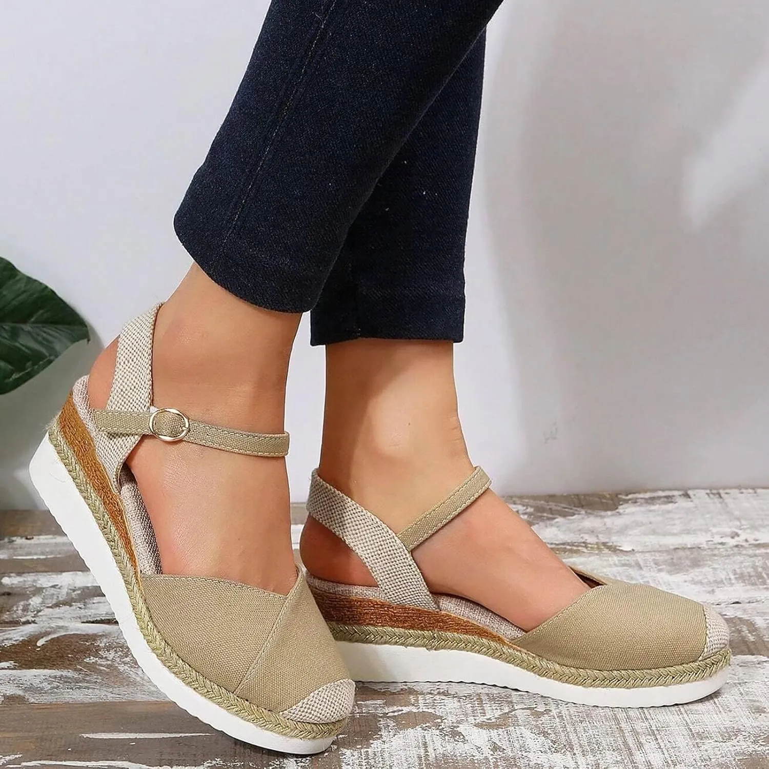 ZWRXW Orthopedic Platform Wedge Sandals for Women Arch Support Closed Toe Platform Sandals Dressy Summer Buckle Ankle Strap Espadrilles Wedge Sandals Comfortable Outdoor Shoes
