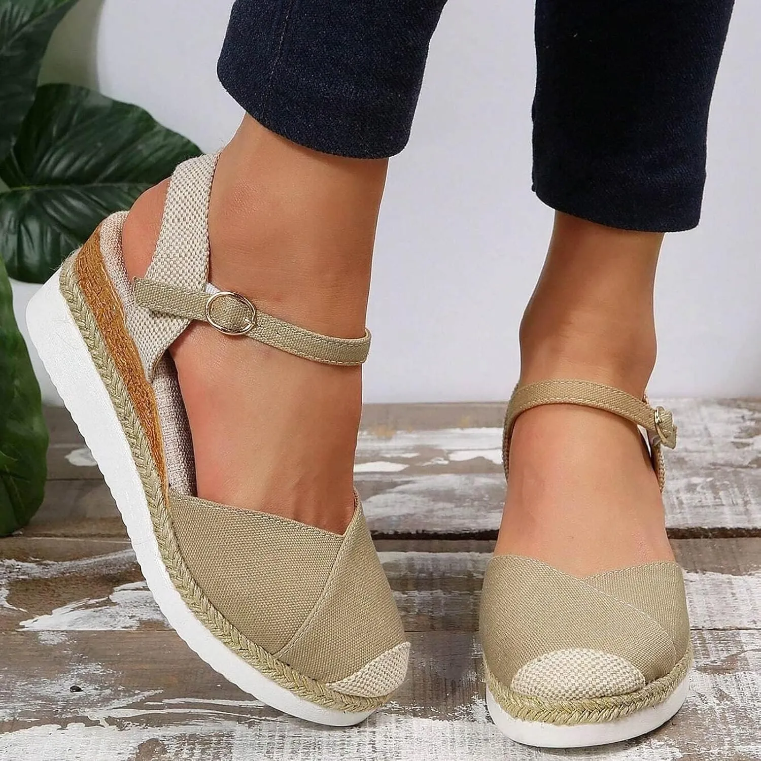 ZWRXW Orthopedic Platform Wedge Sandals for Women Arch Support Closed Toe Platform Sandals Dressy Summer Buckle Ankle Strap Espadrilles Wedge Sandals Comfortable Outdoor Shoes